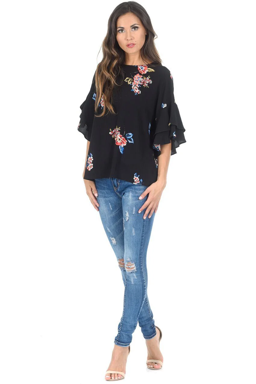 Black Floral Frill Sleeved Top - Image 2
