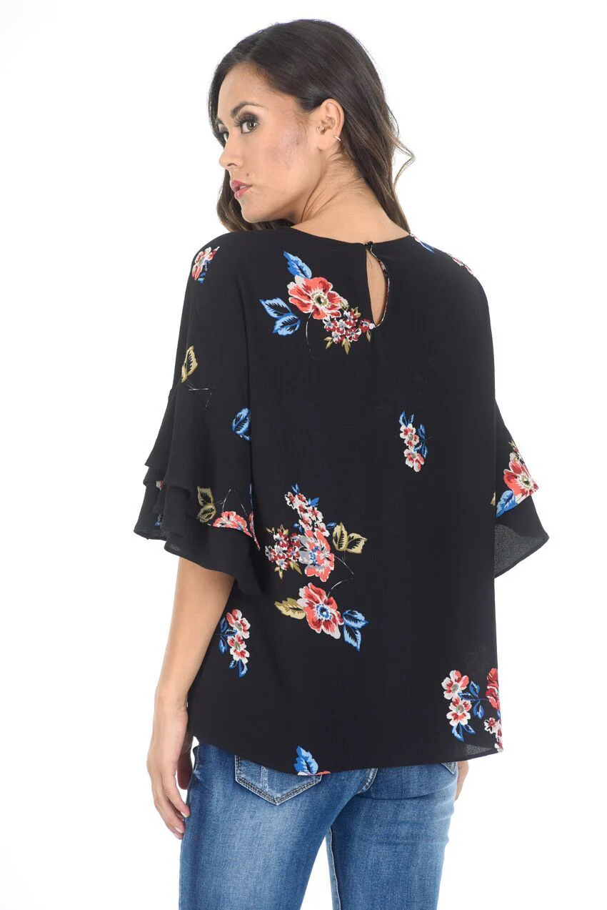Black Floral Frill Sleeved Top - Image 3