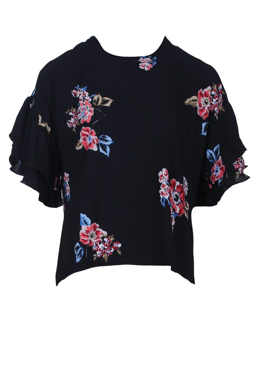 Black Floral Frill Sleeved Top - Image 4