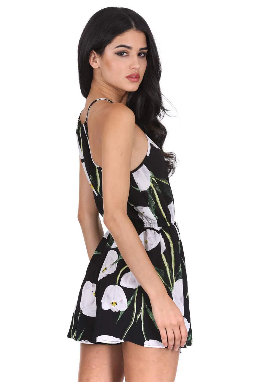 Black Floral Halter Neck Playsuit - Image 3