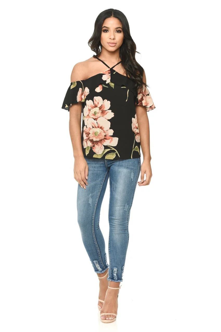 Black Floral Hatlerneck Top - Image 2
