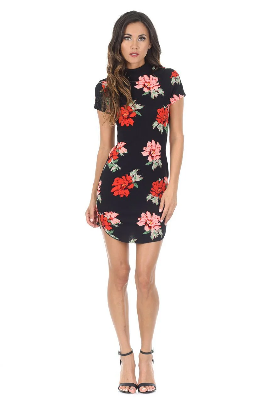 Black Floral High Neck Mini Dress - Image 2