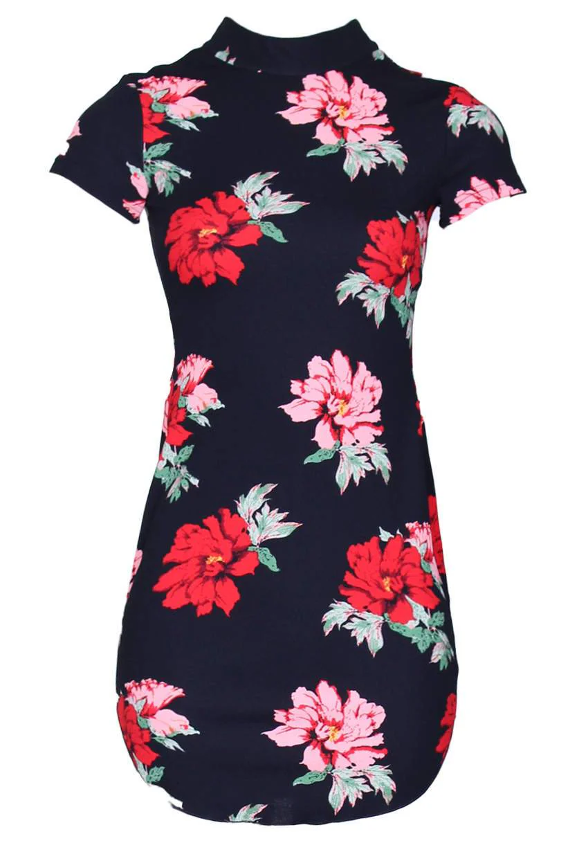 Black Floral High Neck Mini Dress - Image 4