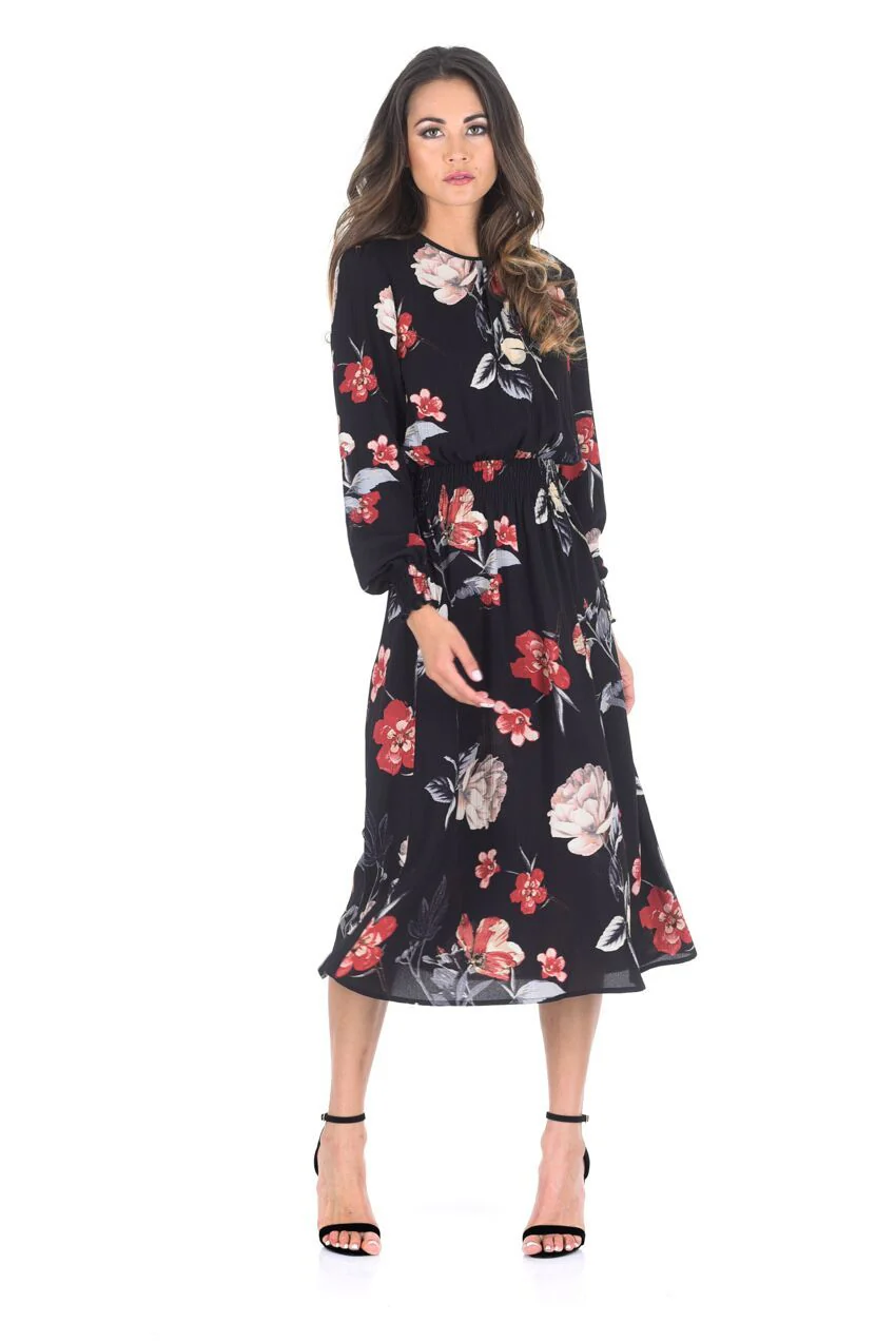 Black Floral Long Sleeve Elastic Waist Midi Dress - Image 2