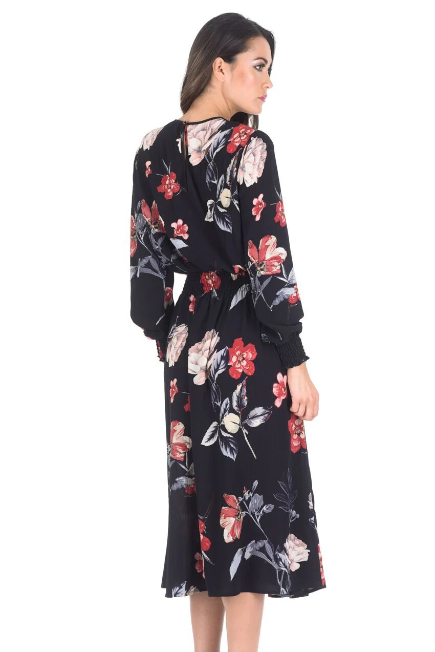 Black Floral Long Sleeve Elastic Waist Midi Dress - Image 3