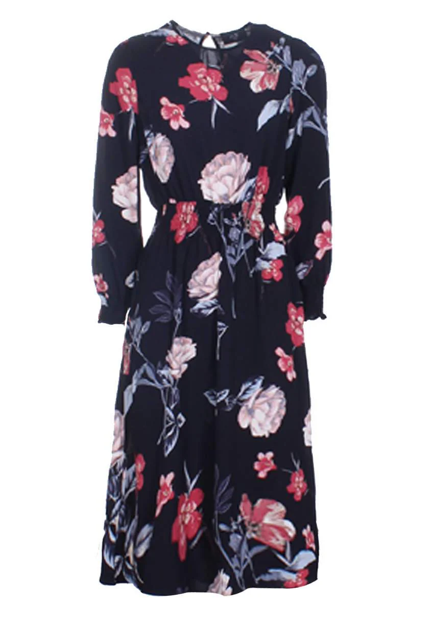 Black Floral Long Sleeve Elastic Waist Midi Dress - Image 4