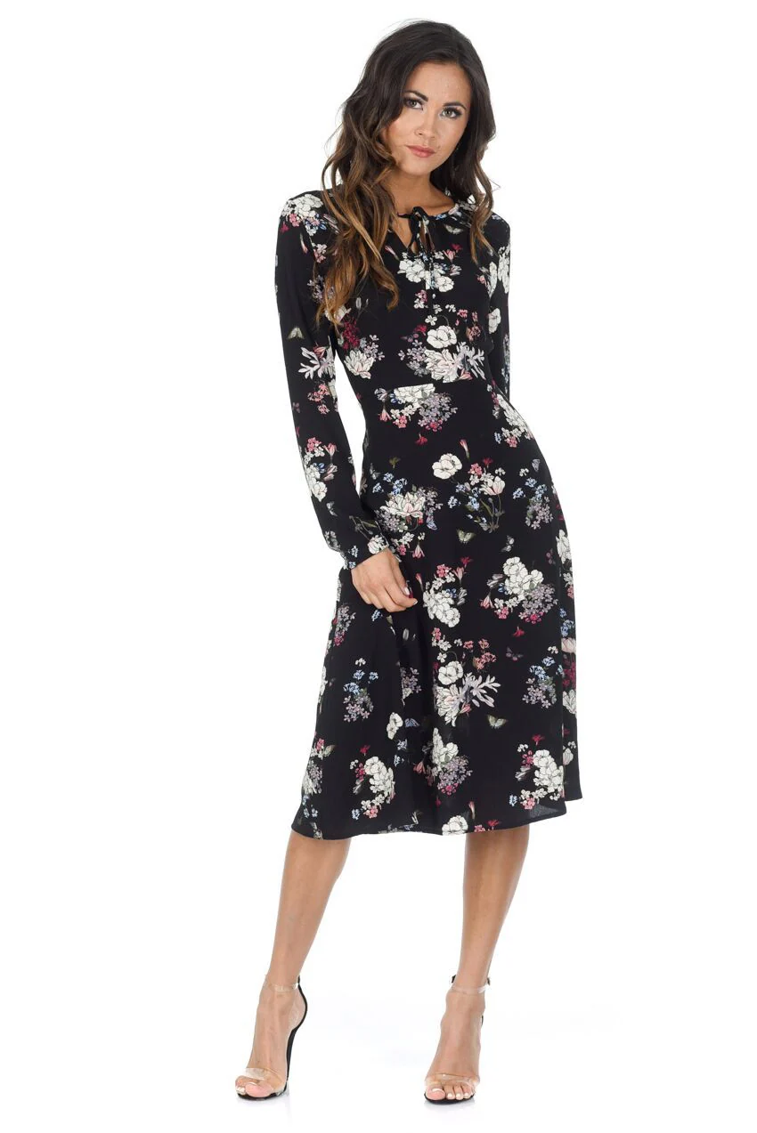 Black Floral Long Sleeve Swing Dress - Image 2