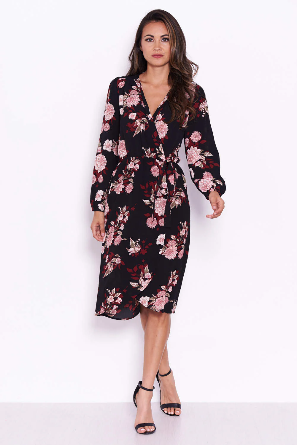 Black Floral Long Sleeve Wrap Dress - Image 2