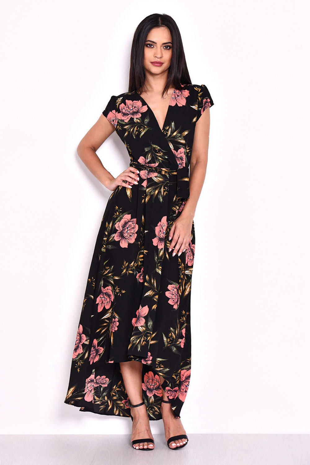 Black Floral Maxi Wrap Dress - Image 2