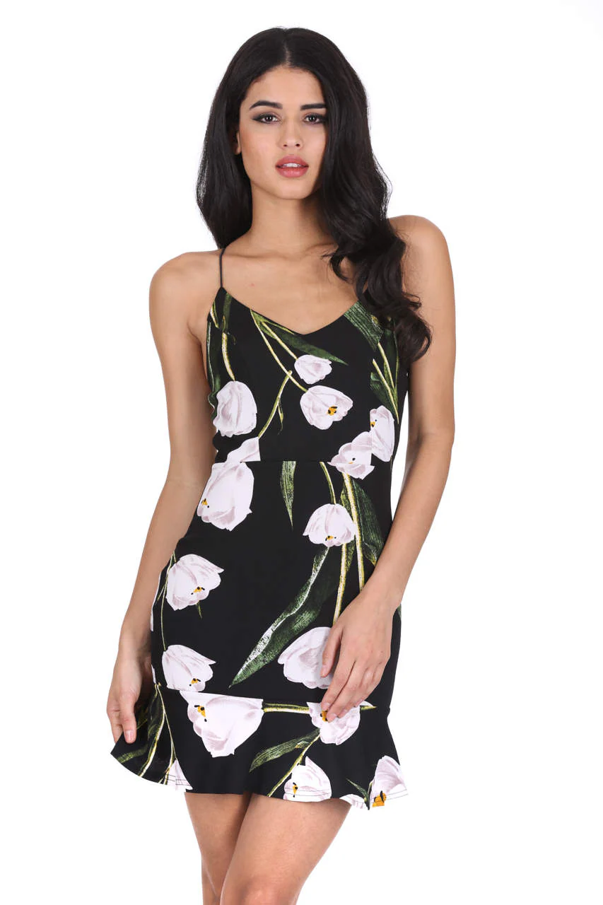 Black Floral Mid V Neck Frill Hem Dress - Image 5