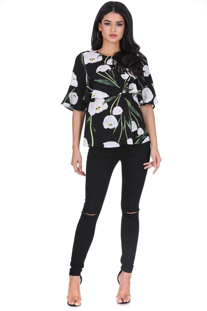 Black Floral Midi Sleeve Top - Image 2