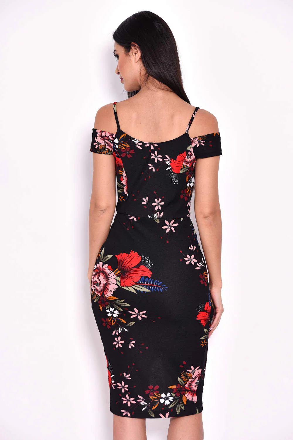 Black Floral Midi Wrap Dress - Image 3
