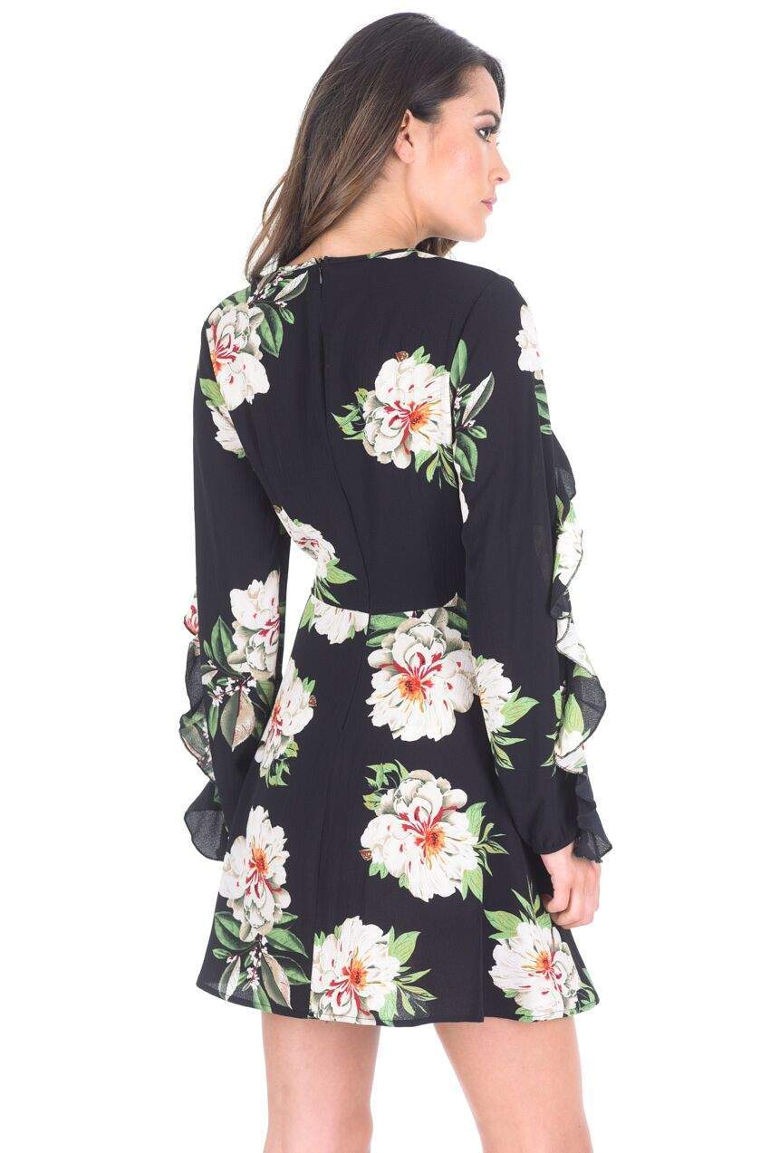 Black Floral Mini dress with Frill Trim - Image 3