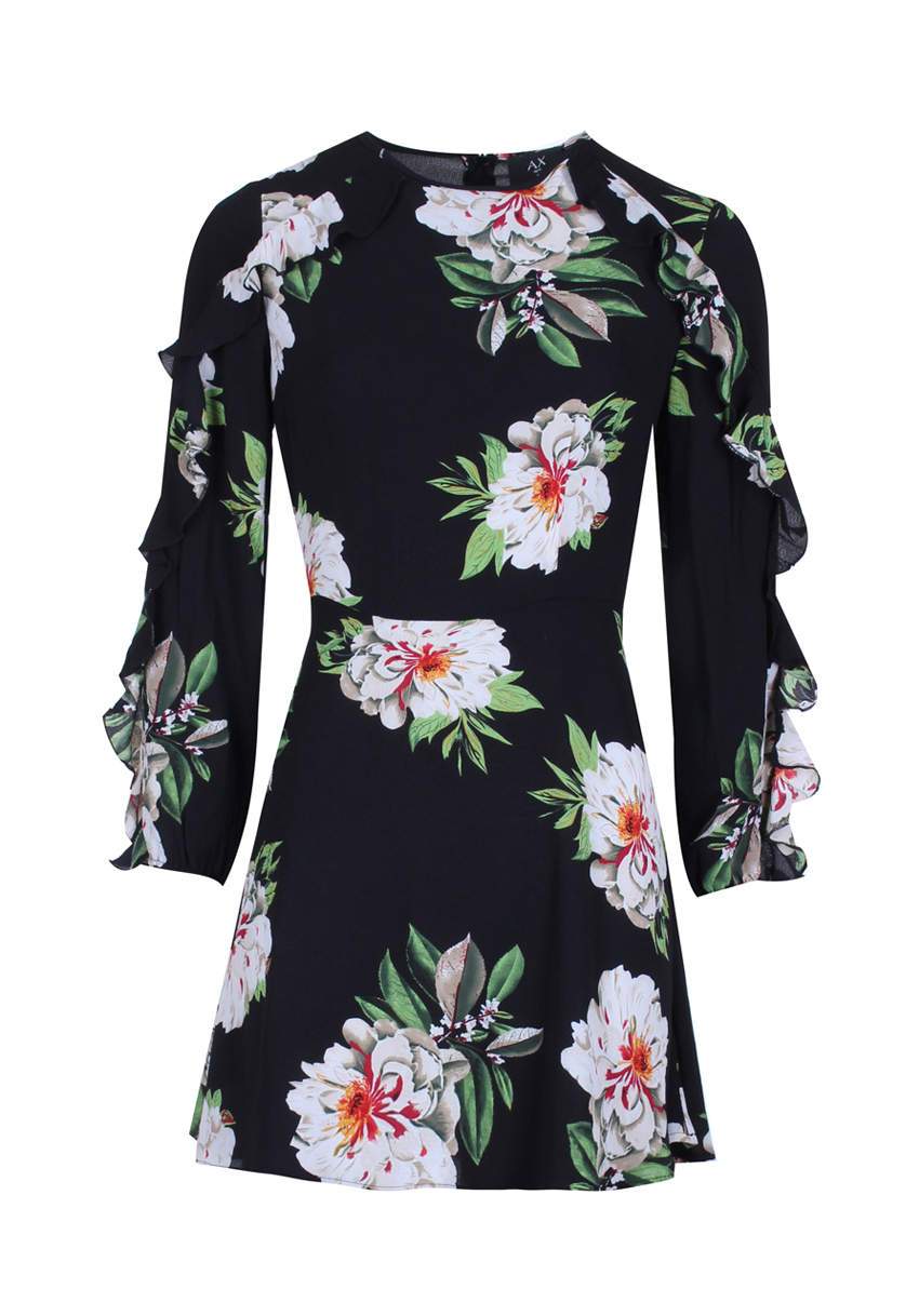 Black Floral Mini dress with Frill Trim - Image 4