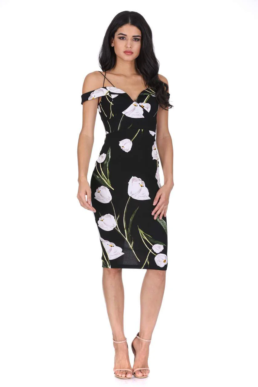 Black Floral Off The Shoulder Midi Dress - Image 2