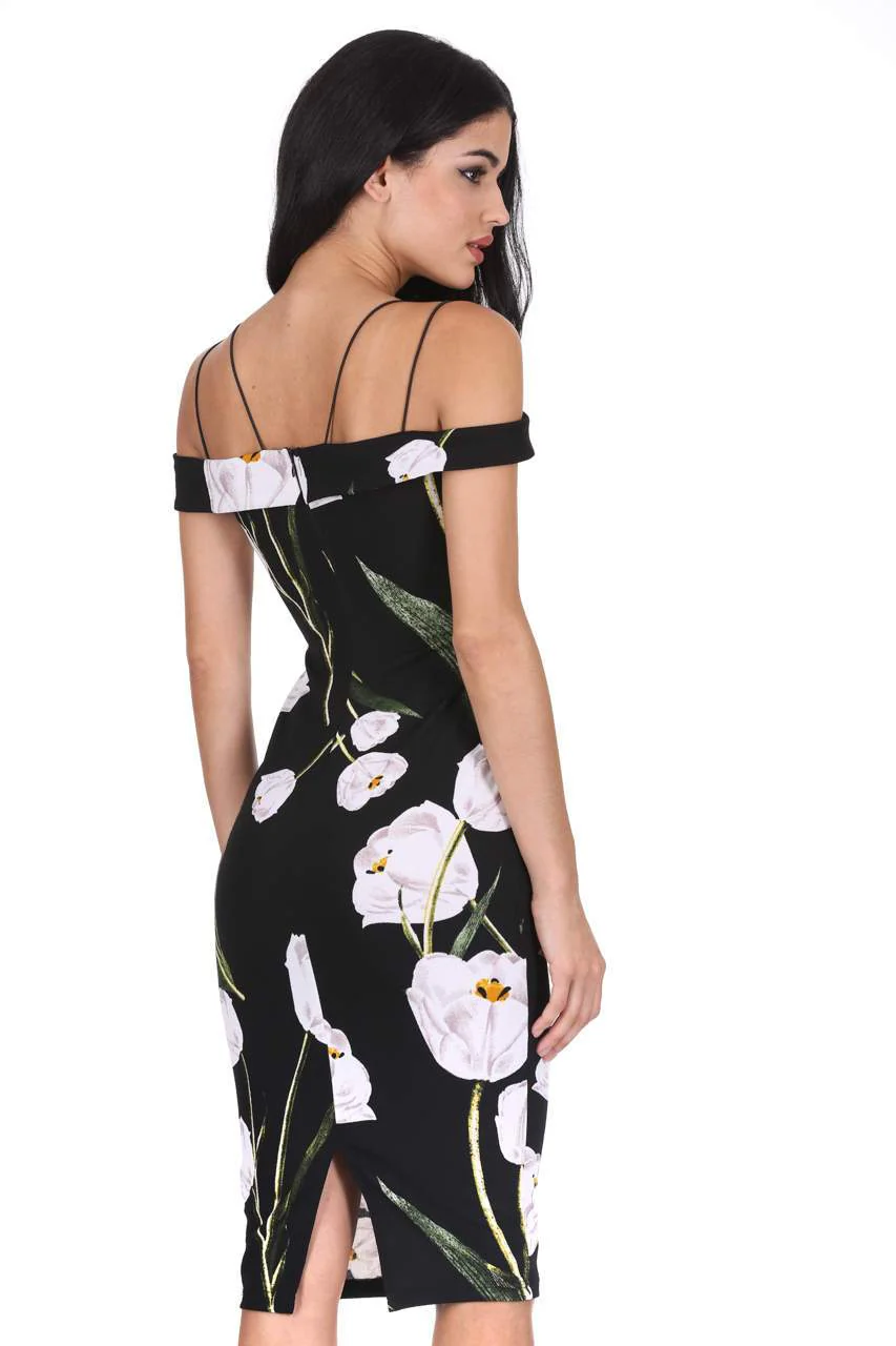 Black Floral Off The Shoulder Midi Dress - Image 3