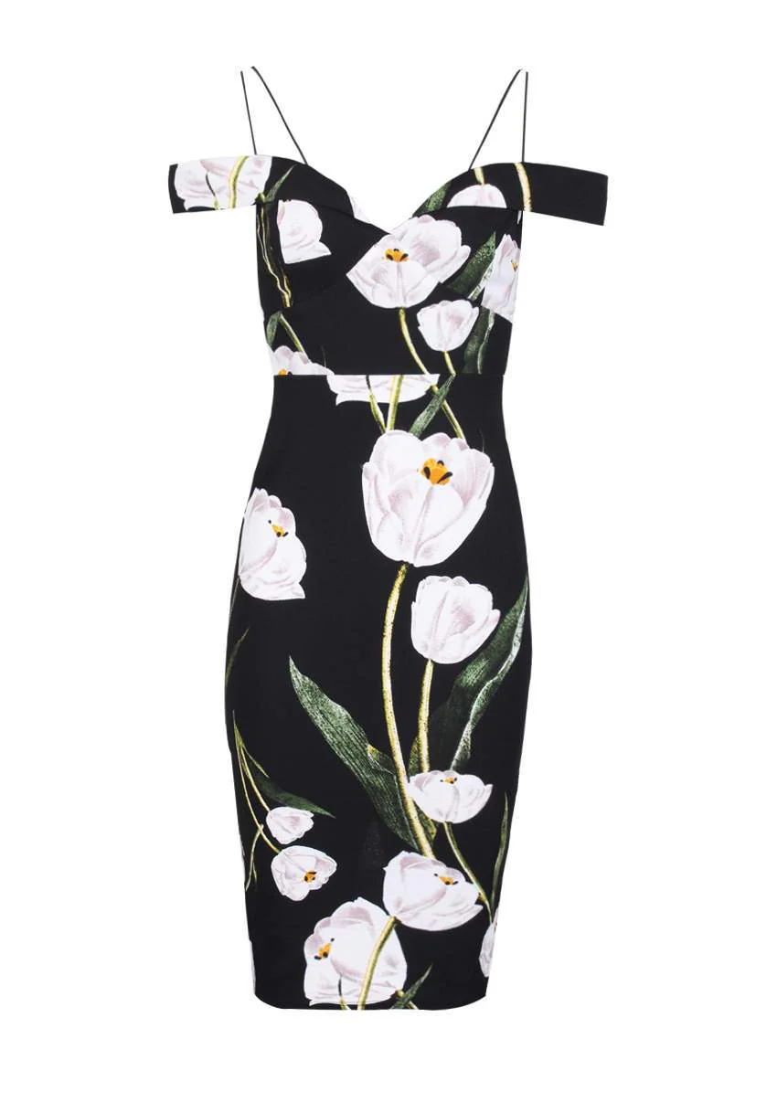 Black Floral Off The Shoulder Midi Dress - Image 4