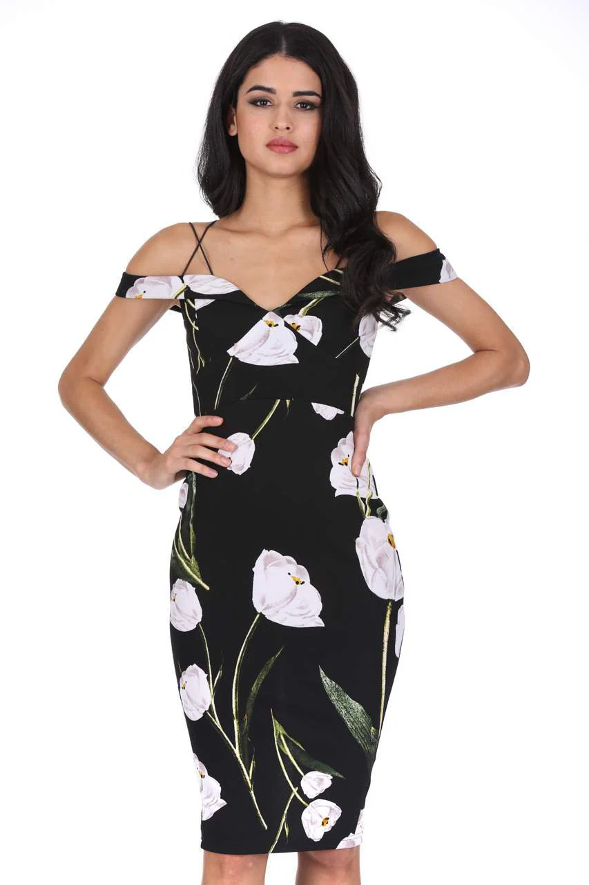 Black Floral Off The Shoulder Midi Dress - Image 5