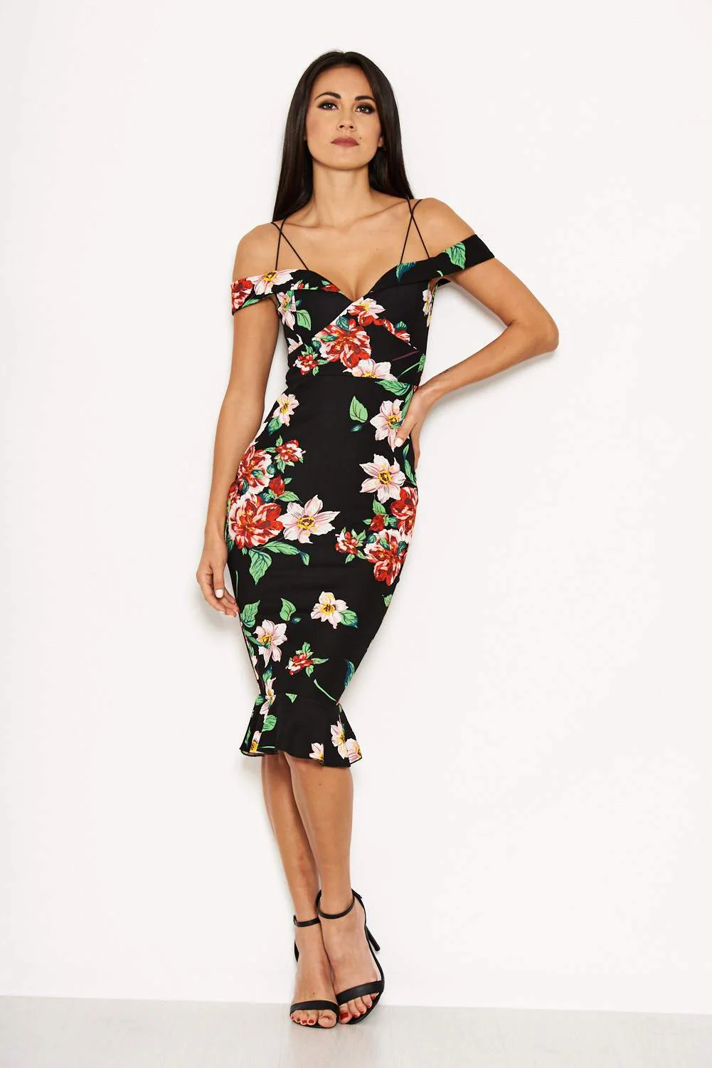 Black Floral Off The Shoulder Midi Dress - Image 2