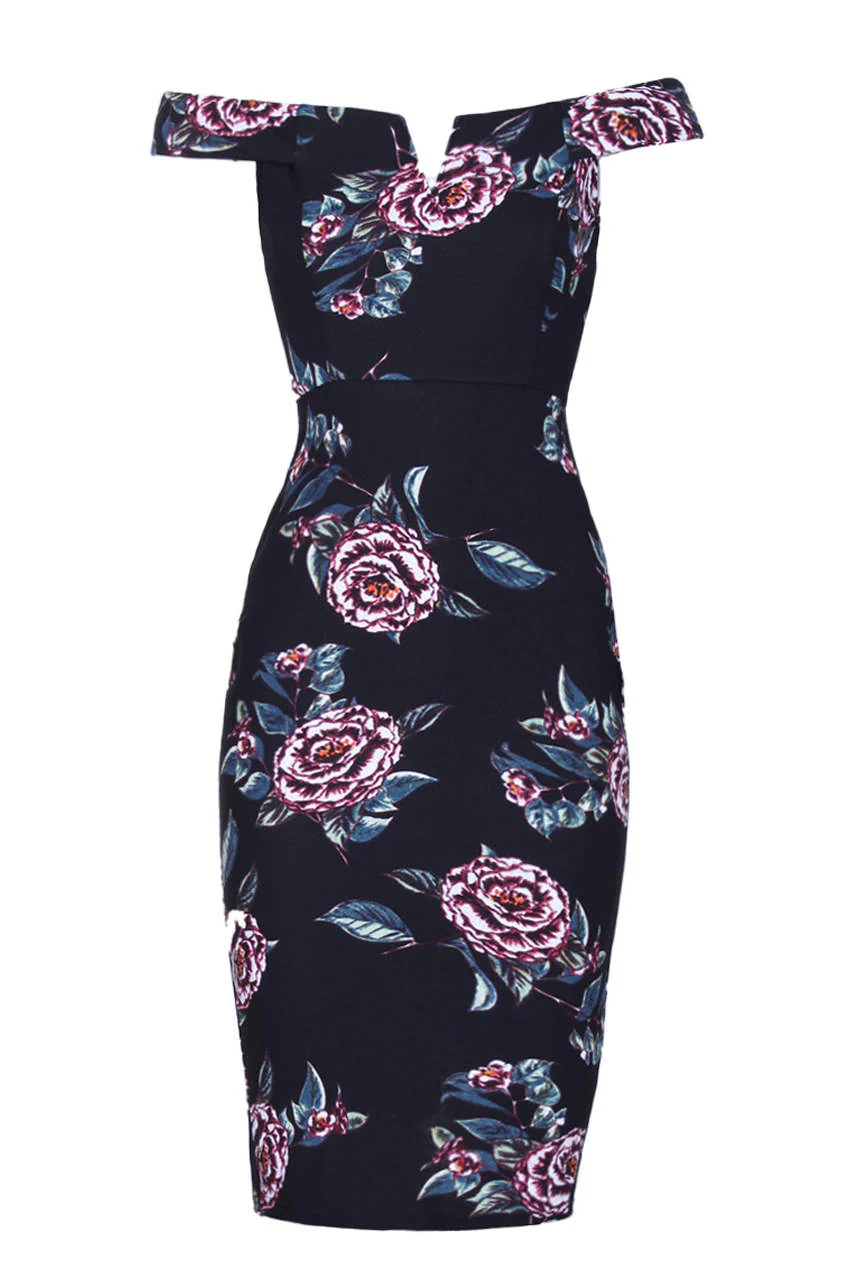 Black Floral Off The Shoulder Midi Dress - Image 2