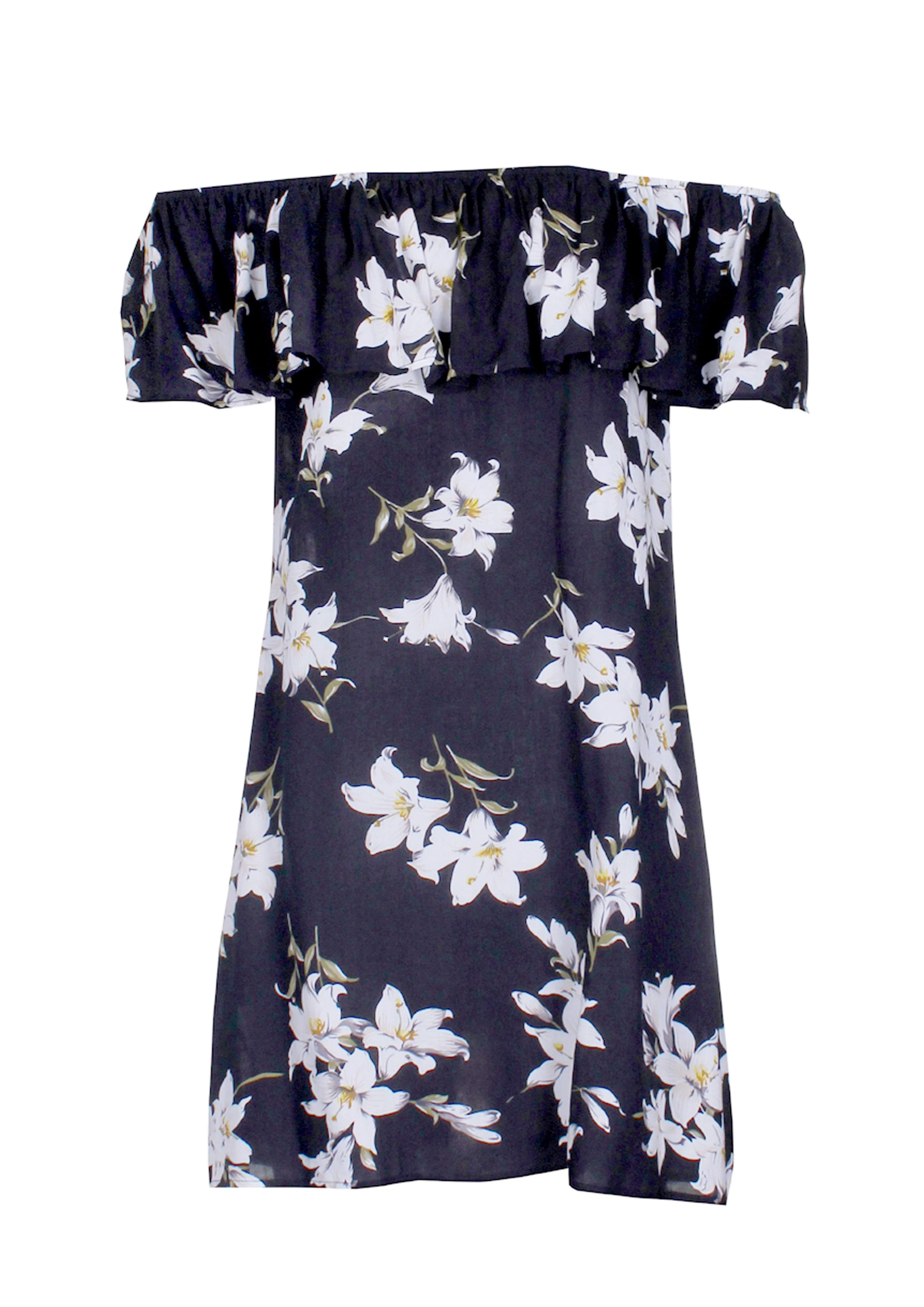 Black Floral Off The Shoulder Printed Dress - Image 3