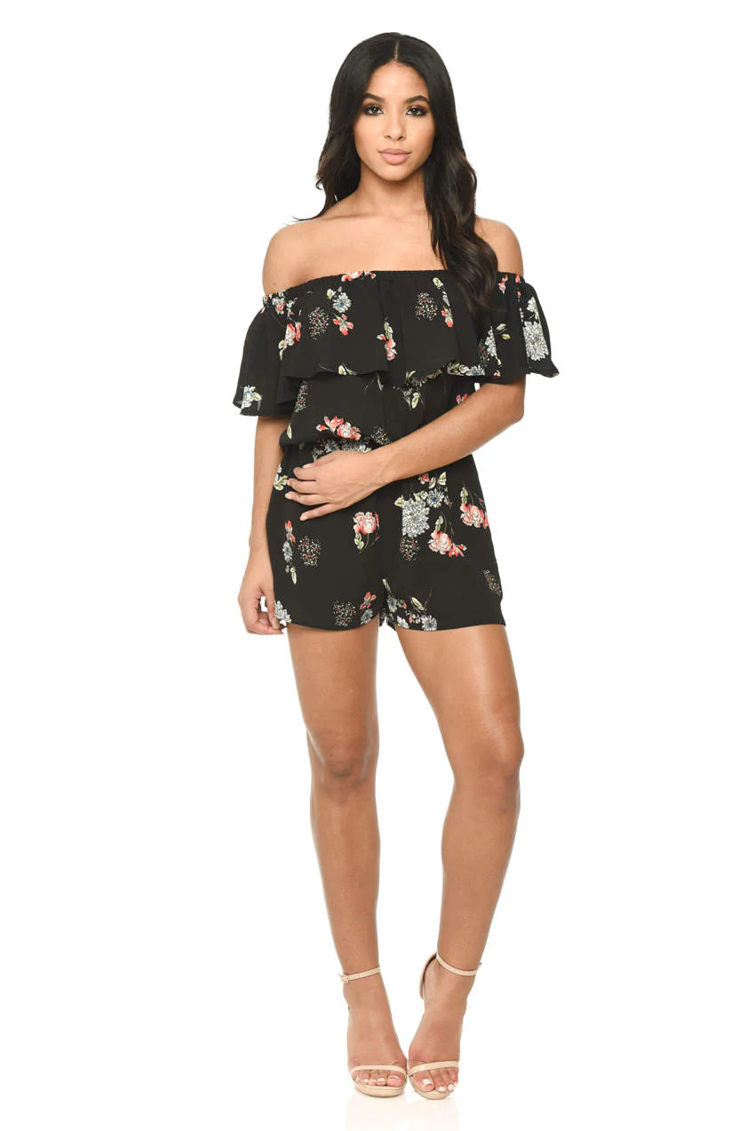 Black Floral Print Bardot Playsuit - Image 2