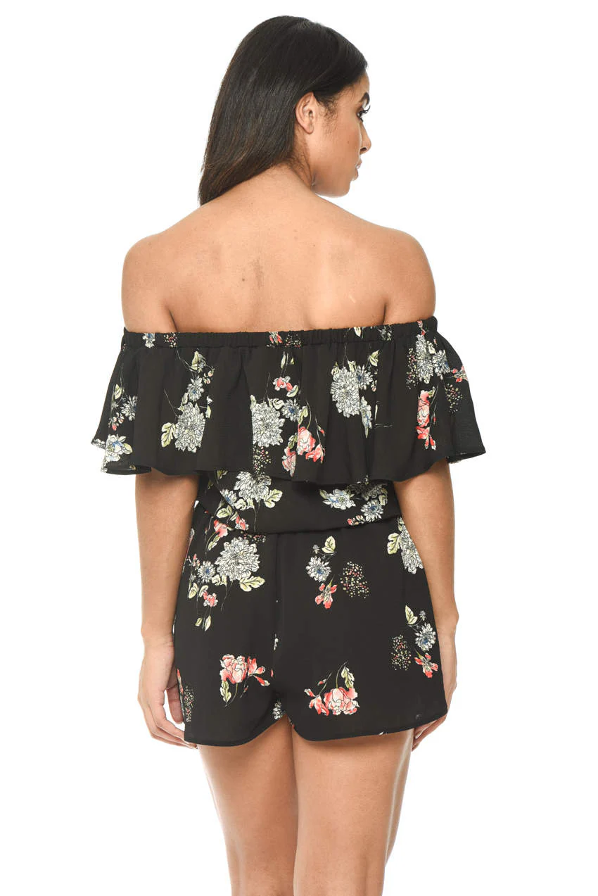 Black Floral Print Bardot Playsuit - Image 3