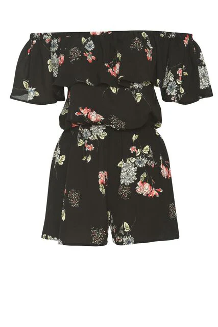 Black Floral Print Bardot Playsuit - Image 4
