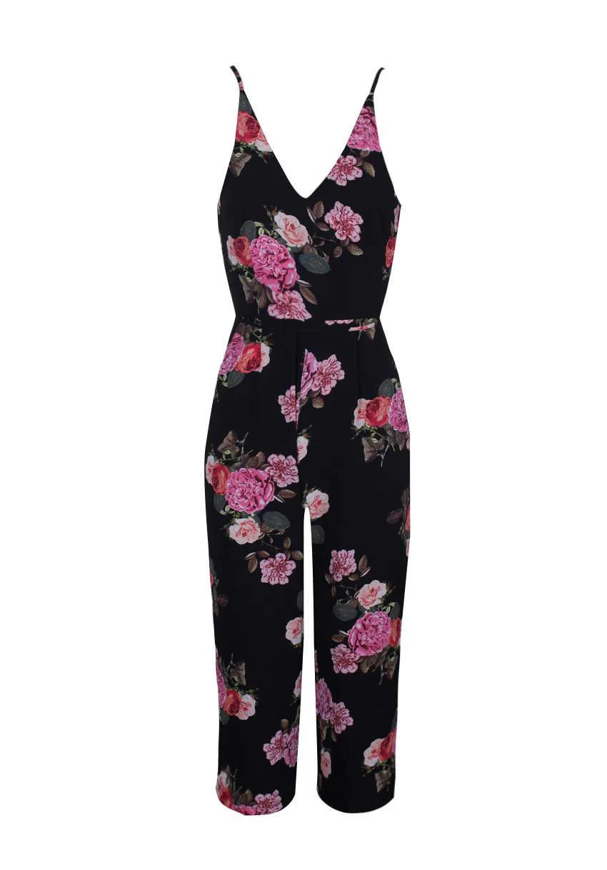 Black Floral Print Culotte Jumpsuit - Image 4