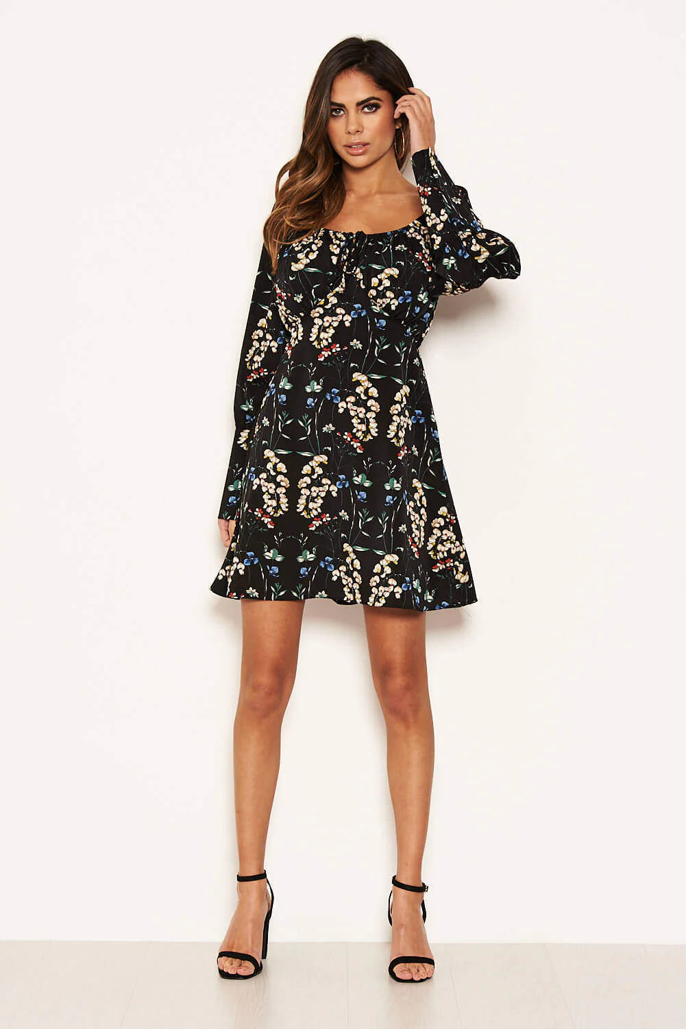 Black Floral Print Puff Sleeve Dress - Image 2