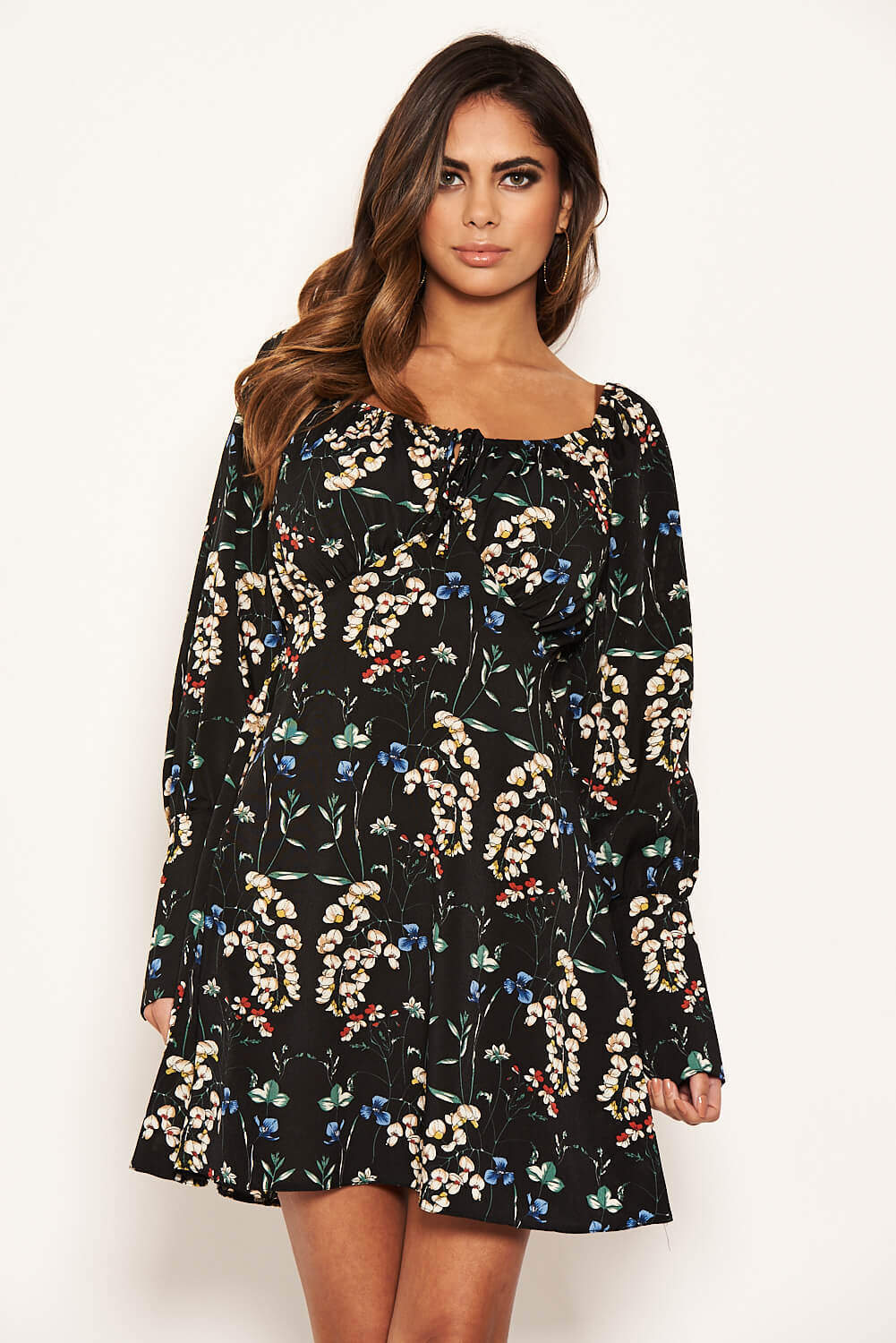 Black Floral Print Puff Sleeve Dress - Image 3