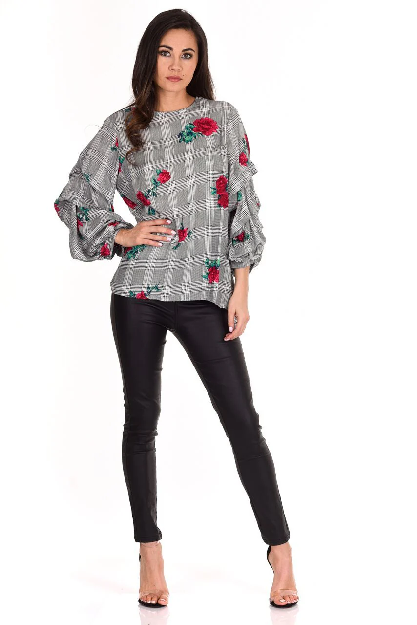 Black Floral Print Ruffle Sleeve Top - Image 2