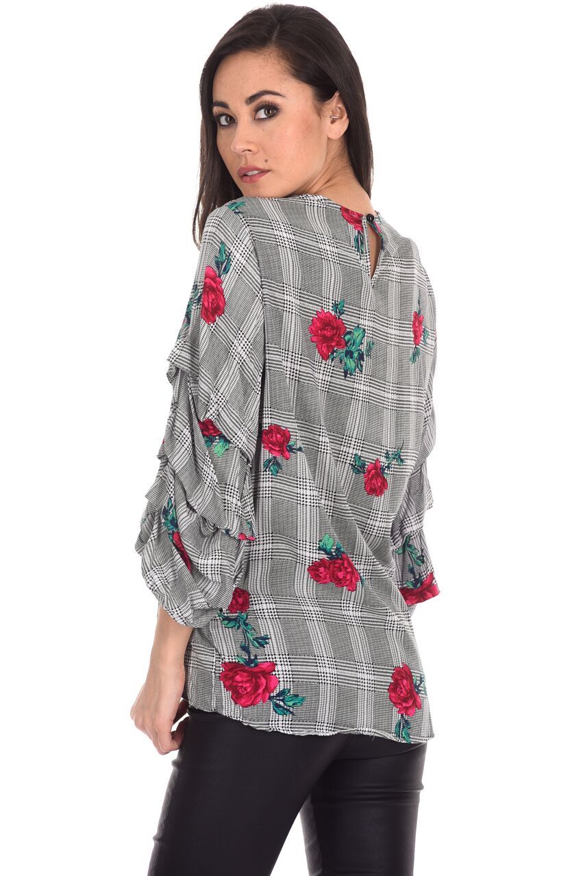 Black Floral Print Ruffle Sleeve Top - Image 3