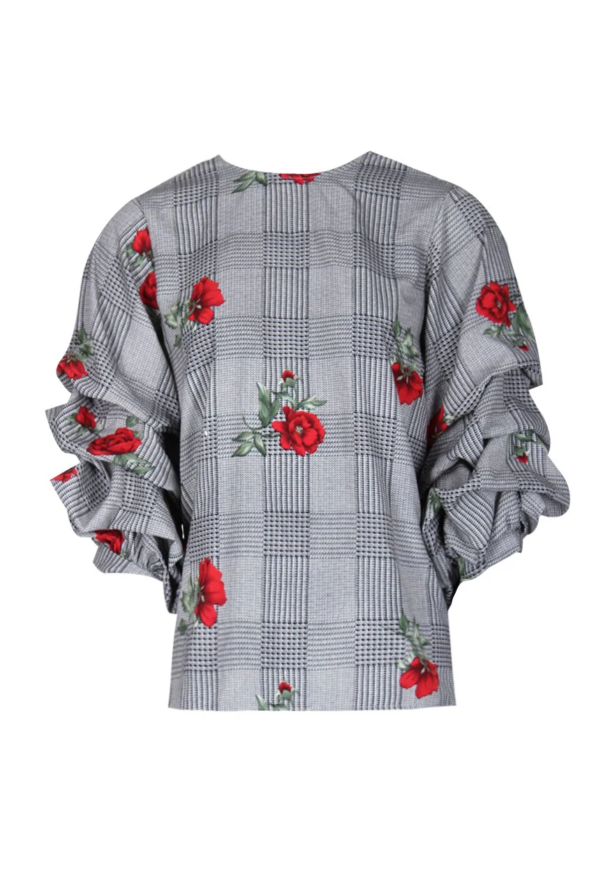 Black Floral Print Ruffle Sleeve Top - Image 4