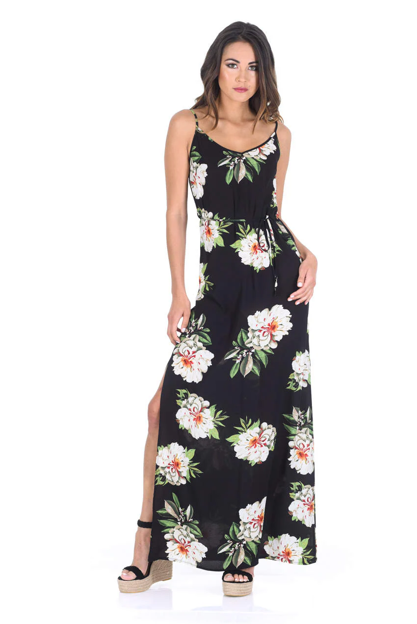 Black Floral Print Split Maxi Dress - Image 2