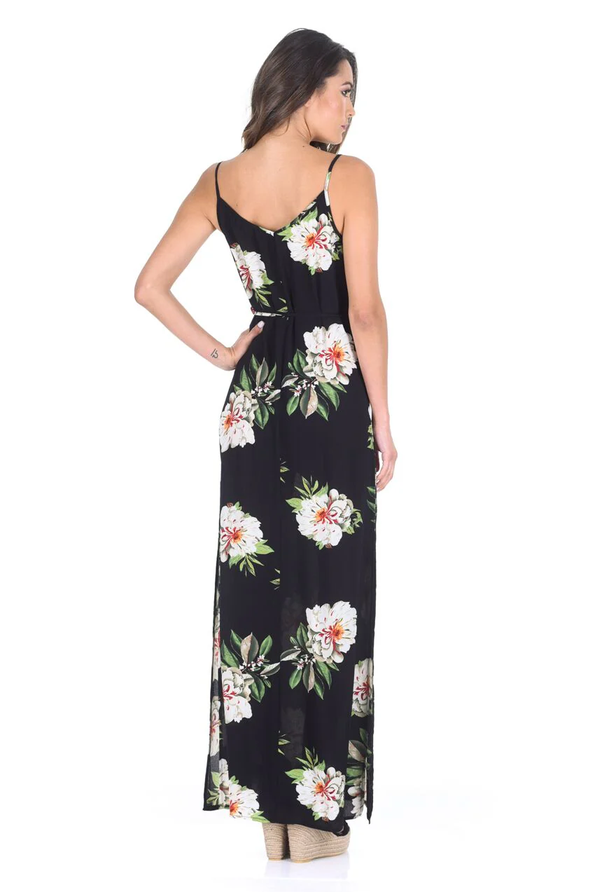 Black Floral Print Split Maxi Dress - Image 3
