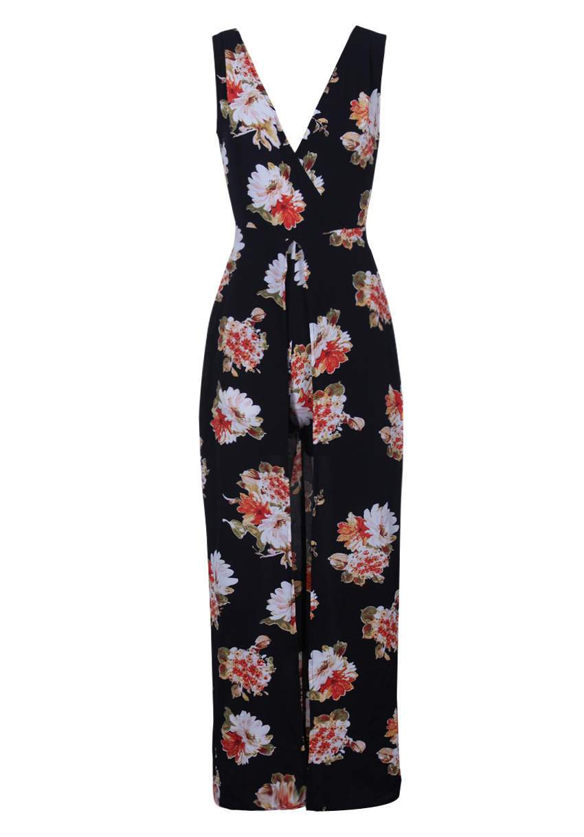Black Floral Print Wrap Skirt Playsuit - Image 4