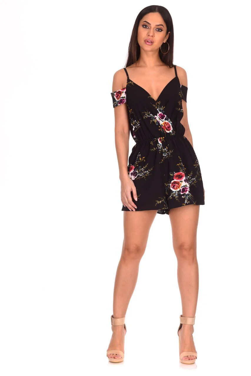 Black Floral Printed Cold Shoulder Playsuit - Image 2