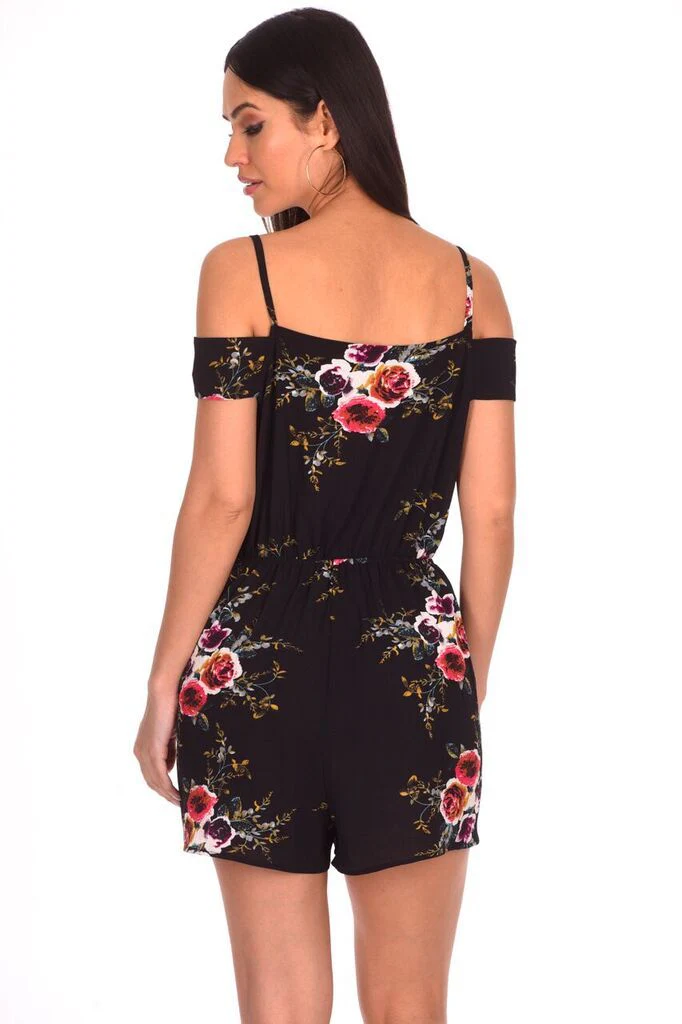 Black Floral Printed Cold Shoulder Playsuit - Image 3