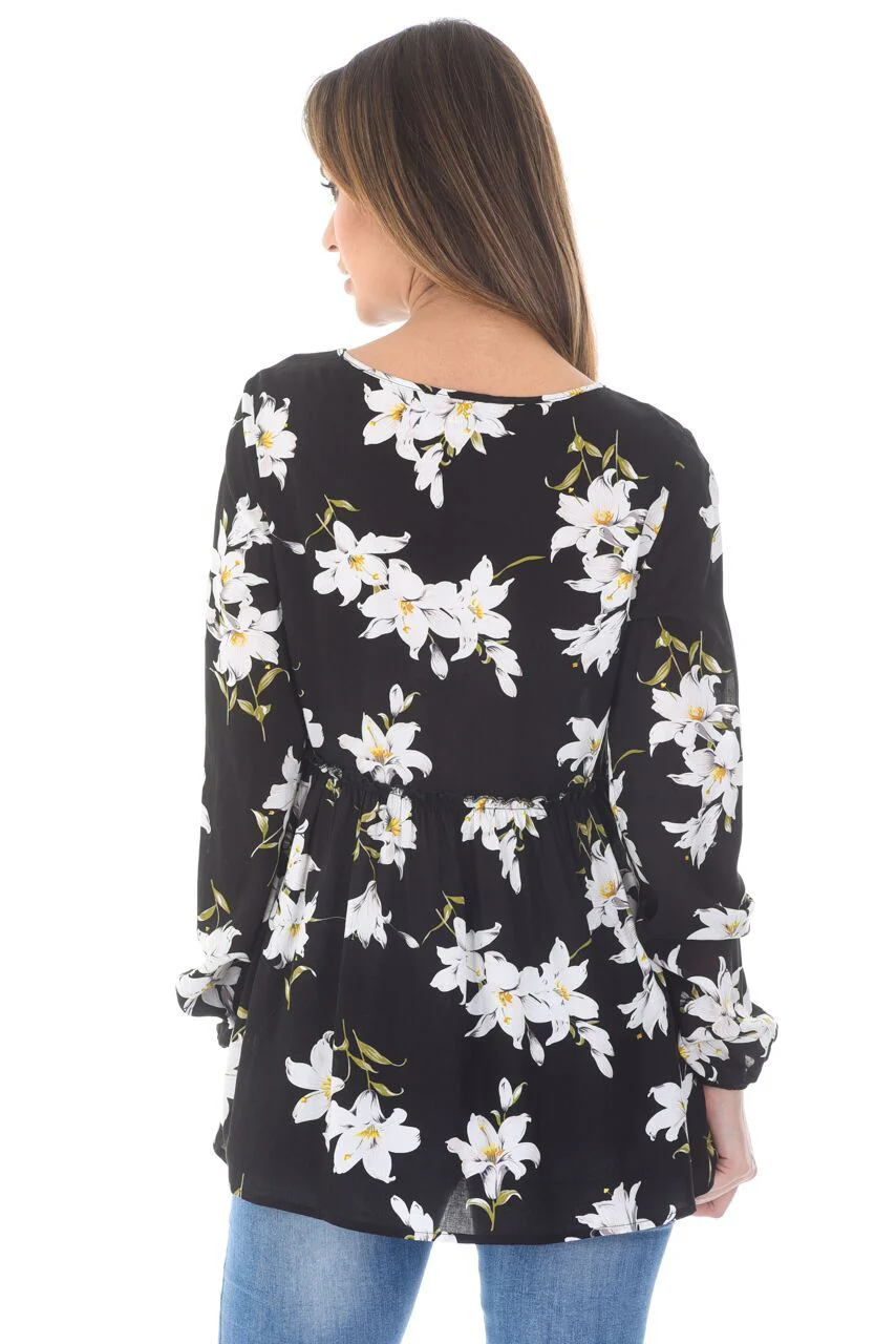 Black Floral Printed Frill Top with Frill Bottom - Image 3