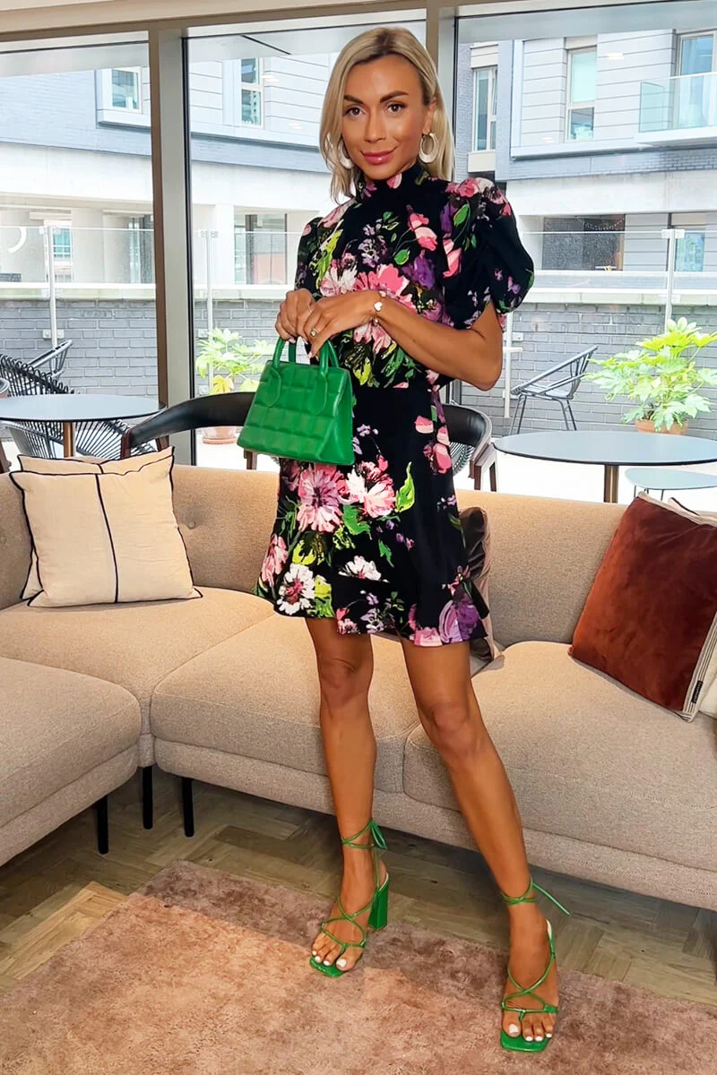 Black Floral Printed Short Puff Sleeve High Neck Skater Dress - Image 2