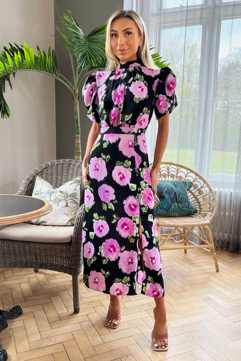 Black Floral Printed Short Puff Sleeve Midi Dress - Image 2