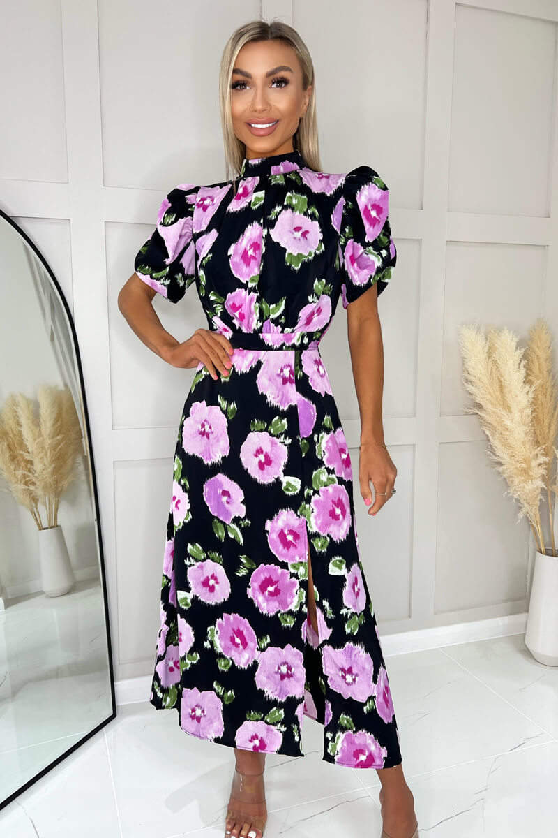 Black Floral Printed Short Puff Sleeve Midi Dress - Image 3
