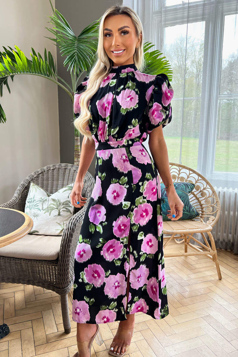 Black Floral Printed Short Puff Sleeve Midi Dress - Image 4