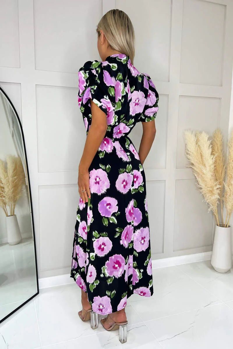 Black Floral Printed Short Puff Sleeve Midi Dress - Image 5