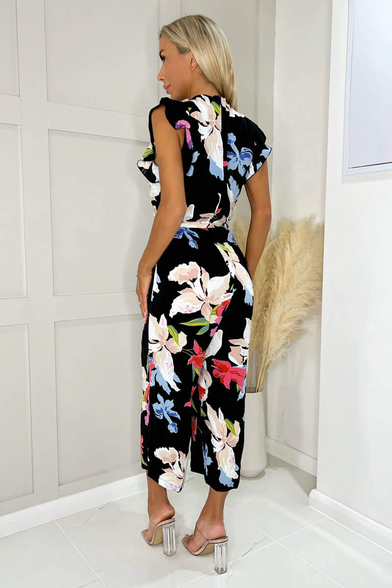 Black Floral Printed Wrap Front Belted Jumpsuit - Image 4