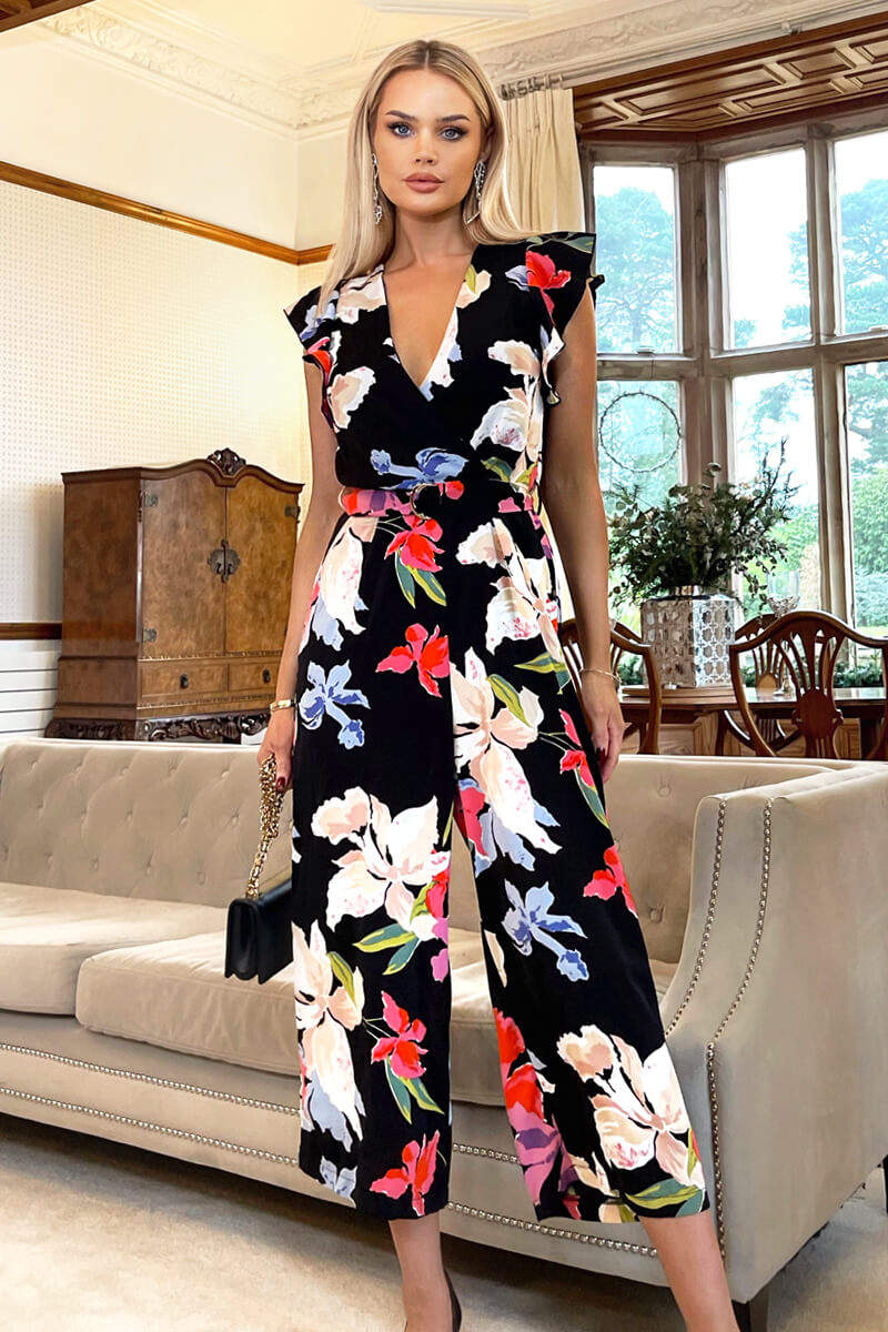 Black Floral Printed Wrap Front Belted Jumpsuit - Image 5