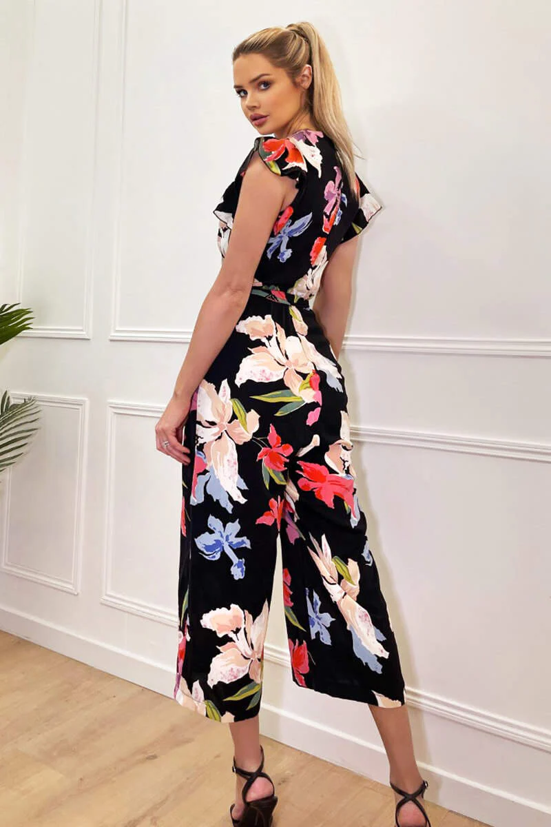 Black Floral Printed Wrap Front Belted Jumpsuit - Image 8