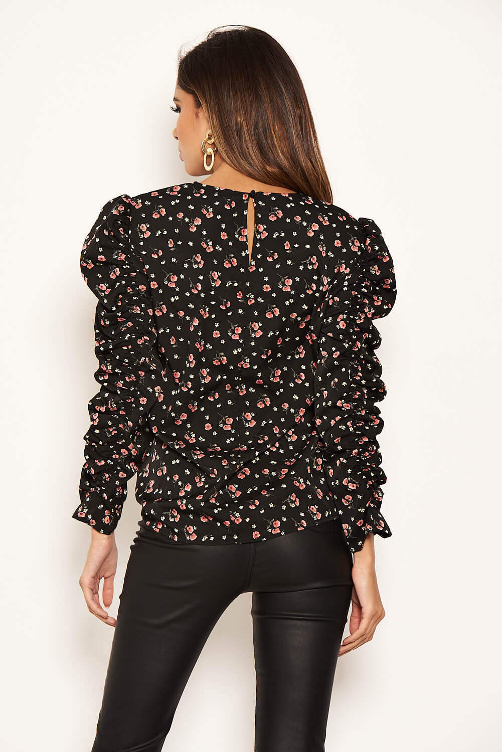 Black Floral Ruched Sleeves top - Image 5