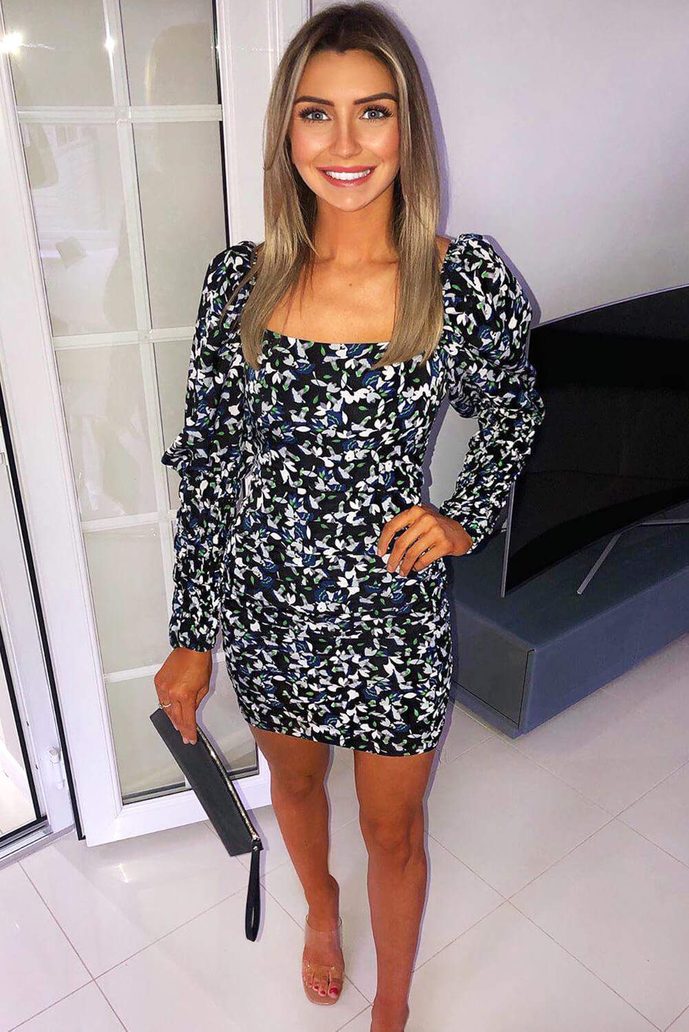 Black Floral Shirred Puff Sleeve Dress - Image 2